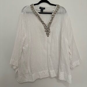 Saint Tropez Linen White Jeweled V-Neck Tunic Top size 2X
